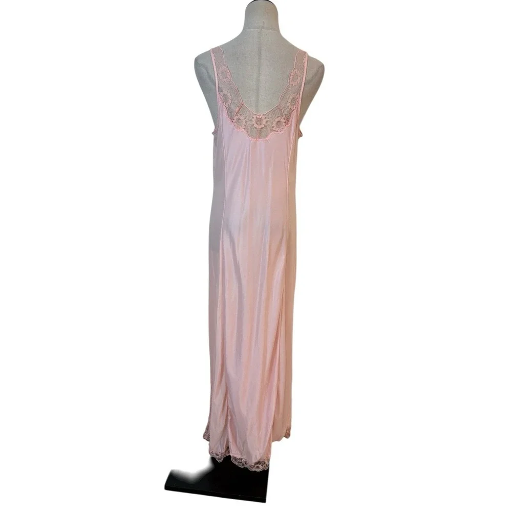 Vtg Pink‎ Lace Nightgown Maxi Slip Dress Floral Nylon Bridal Coquette Boudoir
